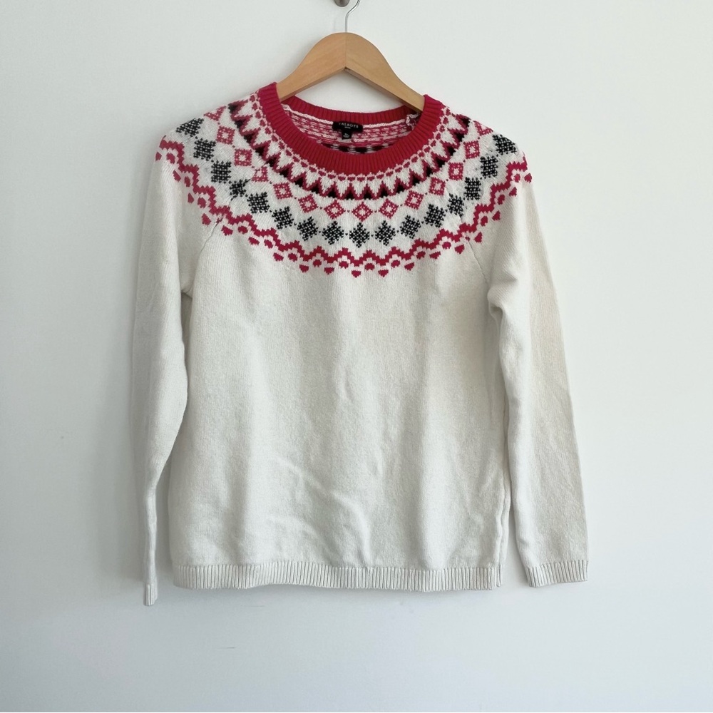 Talbots Nordic Fair Isle Yoke Soft Crewneck Sweater Cream Red Holiday Style SP